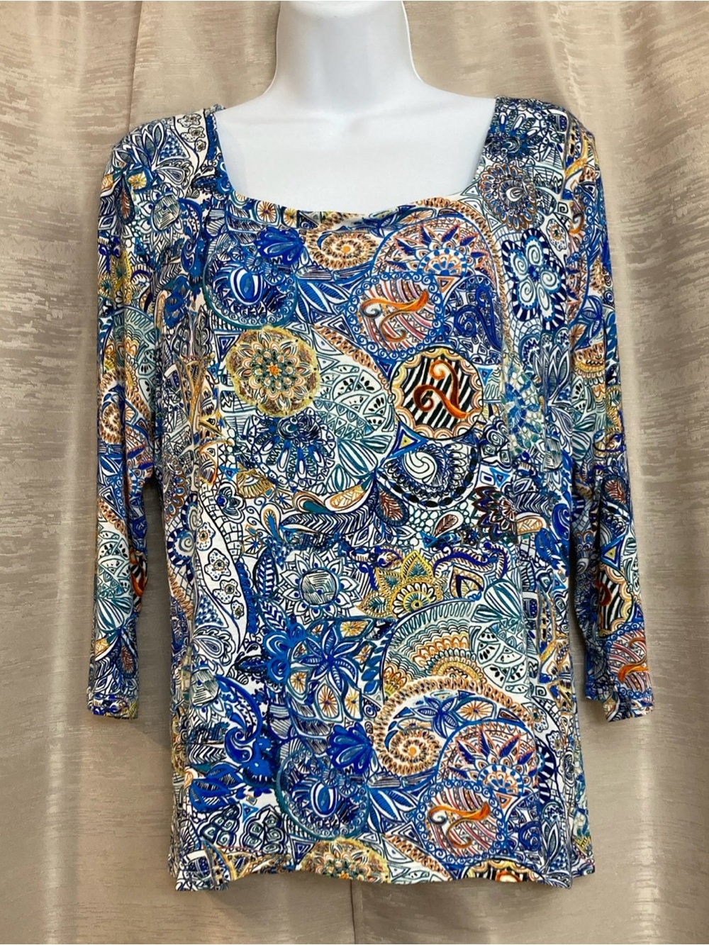 Peck & Peck Blue Multi-Colored Paisley Print Square Neck Women’s Top Large